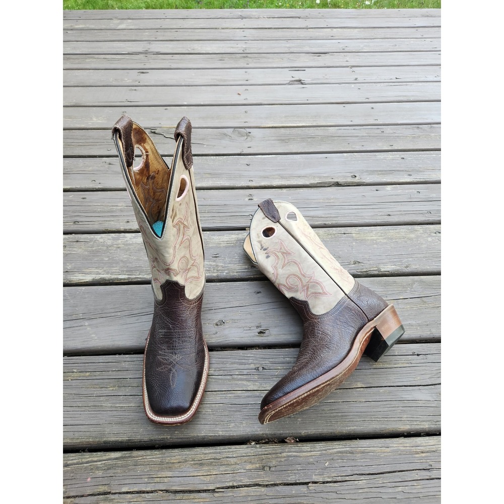Boulet Cowboy Boots Brown Cream Leather Square Toe Western Stitching Size 10 C